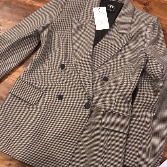 Zara Double breasted Checked Blazer Black White M - Picture 6 of 11